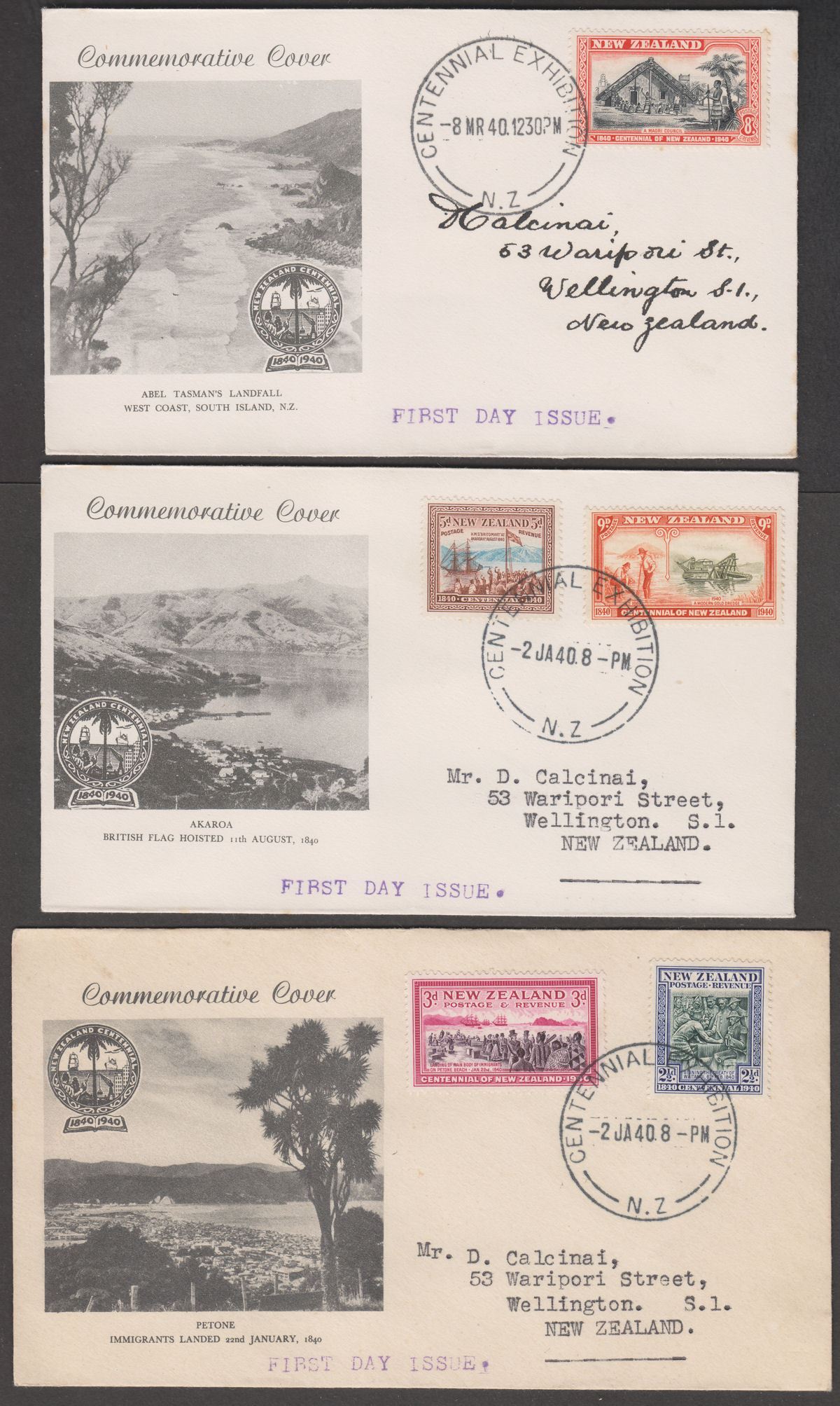 New Zealand 1940 KGVI Centennial Exhibition First Day Covers x 8