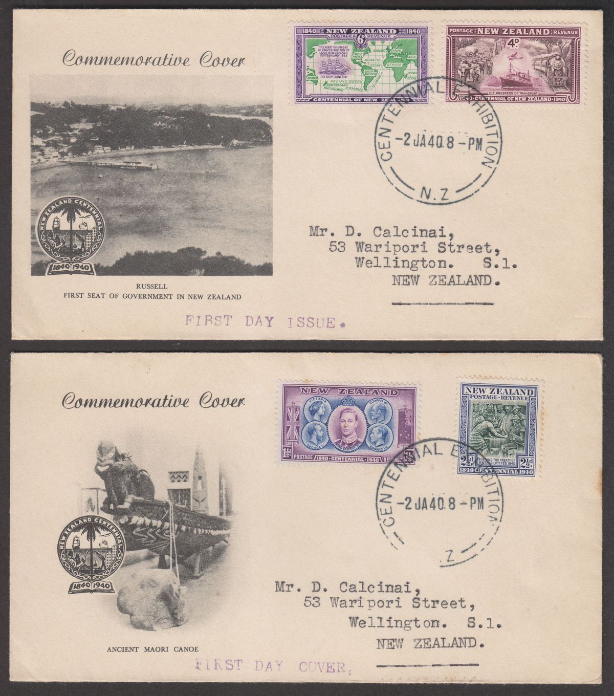 New Zealand 1940 KGVI Centennial Exhibition First Day Covers x 8