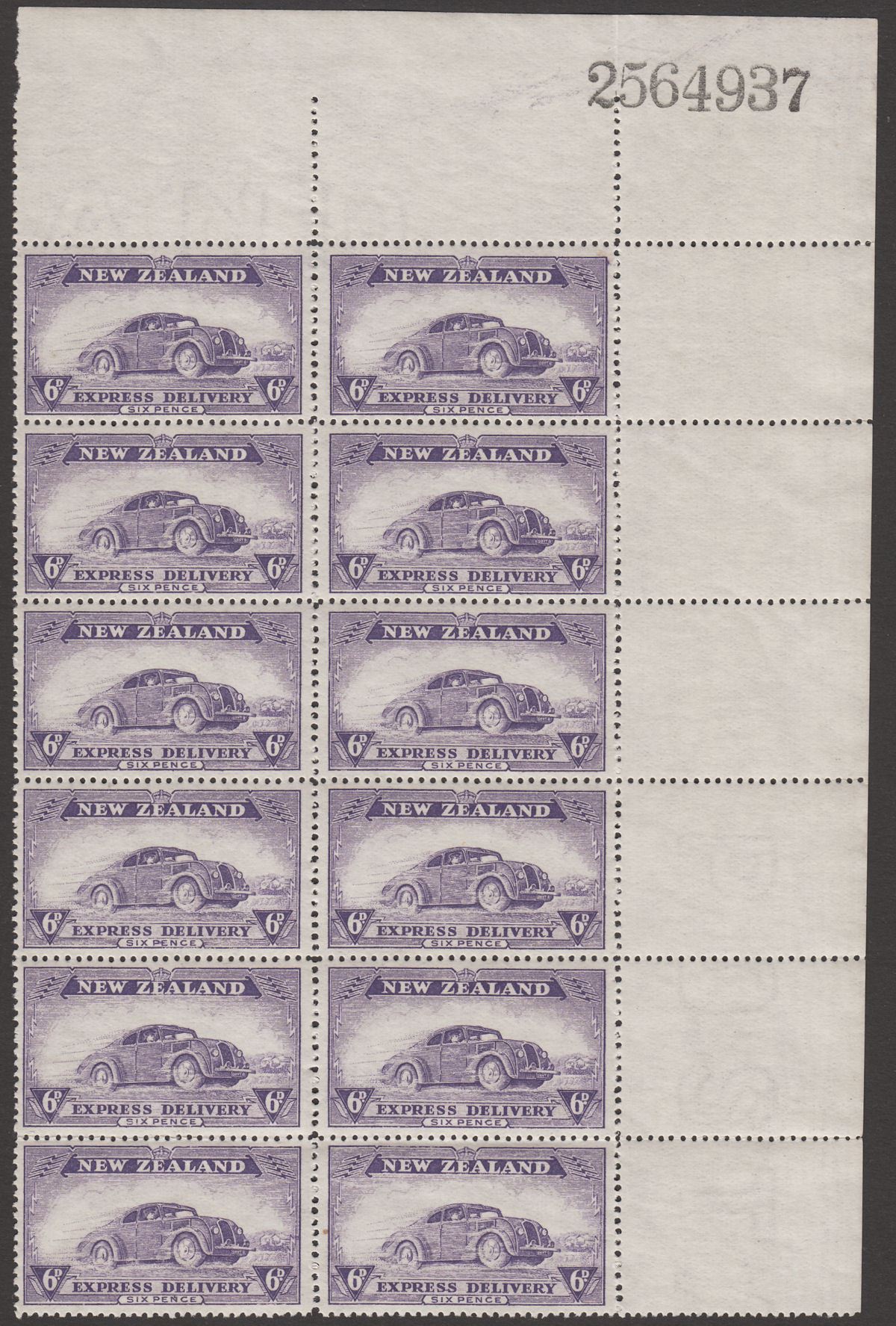 New Zealand 1939 KGVI Express Delivery 6d Violet Block 10 w Sheet No Mint SG E6