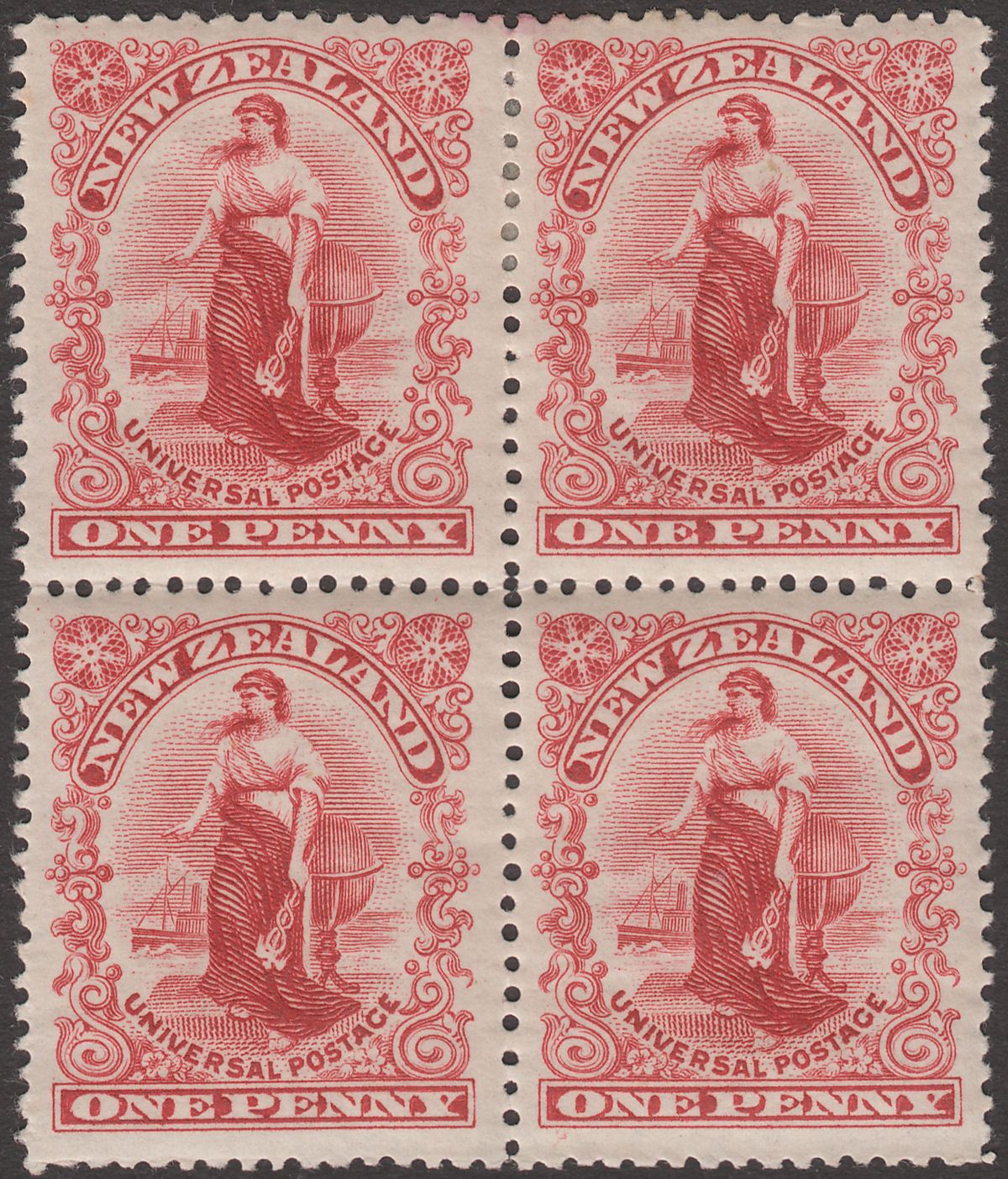New Zealand 1901 Universal Postage 1d Carmine Block of 4 Mint SG277