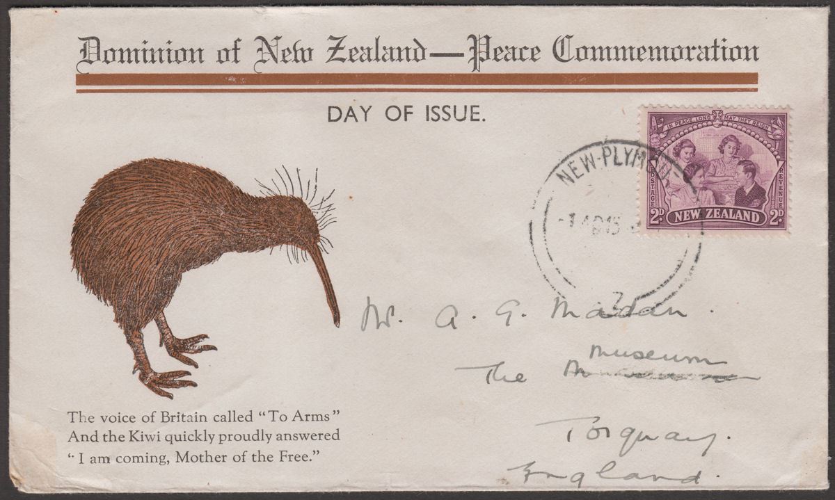 New Zealand 1946 KGVI Peace 2d Used on Kiwi Illustrated First Day Cover to UK