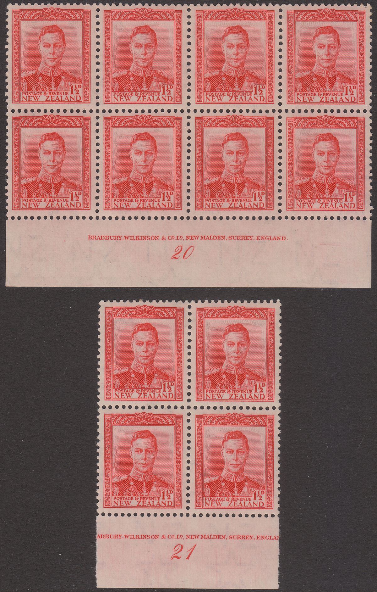 New Zealand 1944 KGVI 1½d Scarlet Imprint Plate Number 20 + 21 Blocks Mint SG608