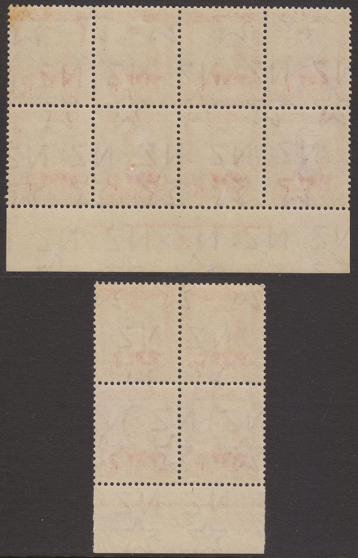 New Zealand 1944 KGVI 1½d Scarlet Imprint Plate Number 20 + 21 Blocks Mint SG608