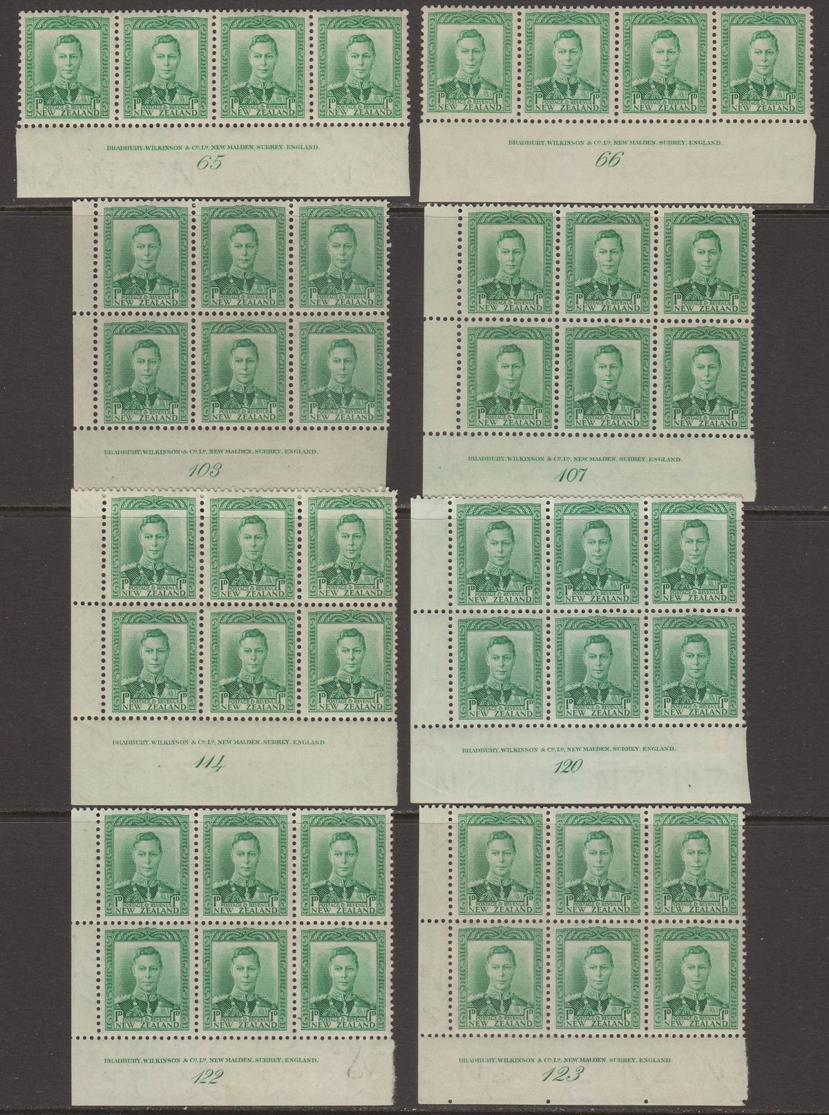 New Zealand 1941 KGVI 1d Green Imprint Plate Number Block Selection Mint SG606