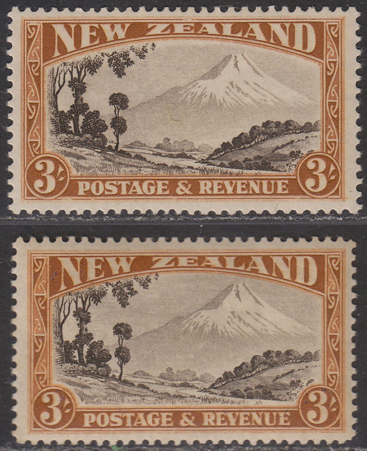 New Zealand 1935 KGV Egmont 3sh Choc + Brn p13-14x13½ + p13½x14 Mint SG569 569a