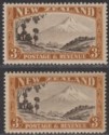 Click for more photos and details New Zealand 1935 KGV Egmont 3sh Choc + Brn p13-14x13½ + p13½x14 Mint SG569 569a