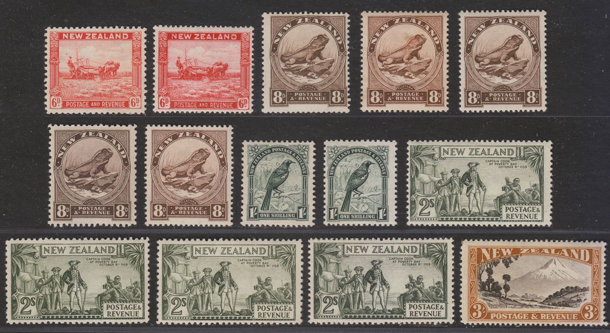 New Zealand 1936 KGV-KGVI Part Set to 3sh with Perf + Shade Varieties Mint