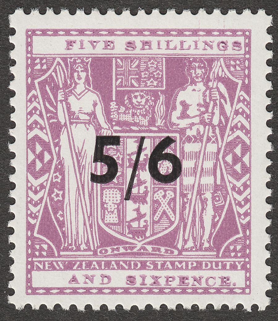 New Zealand 1940 KGVI Postal Fiscal 5sh6d Opt Lilac wmk Single Mint SG F188