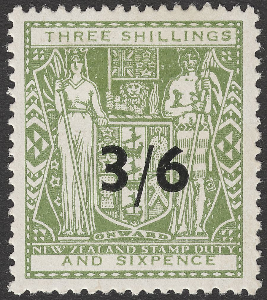 New Zealand 1953 wmk Multi Upright Postal Fiscal 3sh6d Opt Green T2 Mint SG F213