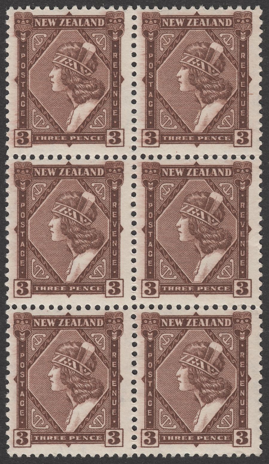 New Zealand 1936 KGV Maori Girl 3d Brown Block of 6 Mint SG582