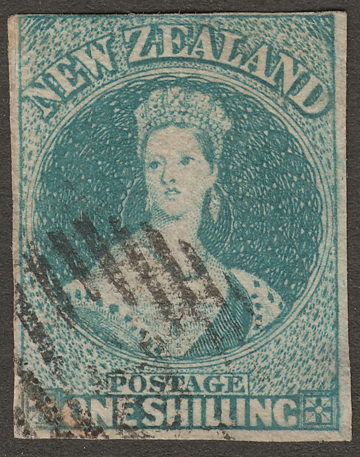 New Zealand 1858 QV Chalon unwmk Imperf 1sh Blue-Green Used SG17 cat £1800
