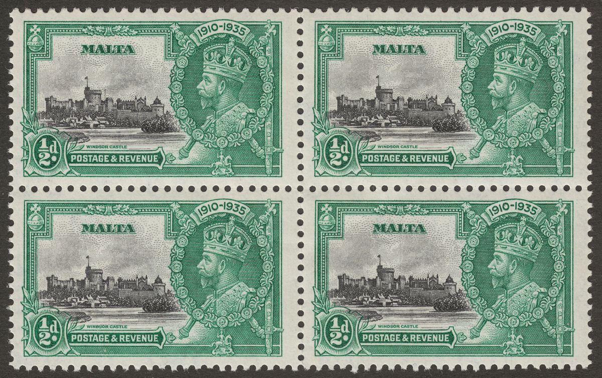 Malta 1935 KGV Silver Jubilee ½d Block with Variety Extra Flagstaff Mint SG210a