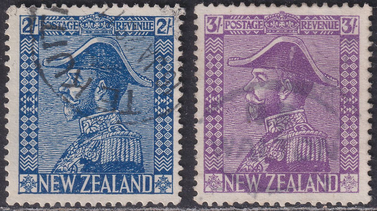 New Zealand 1926 KGV Admiral 2sh Deep Blue, 3sh Mauve Used SG466-467? cat £270
