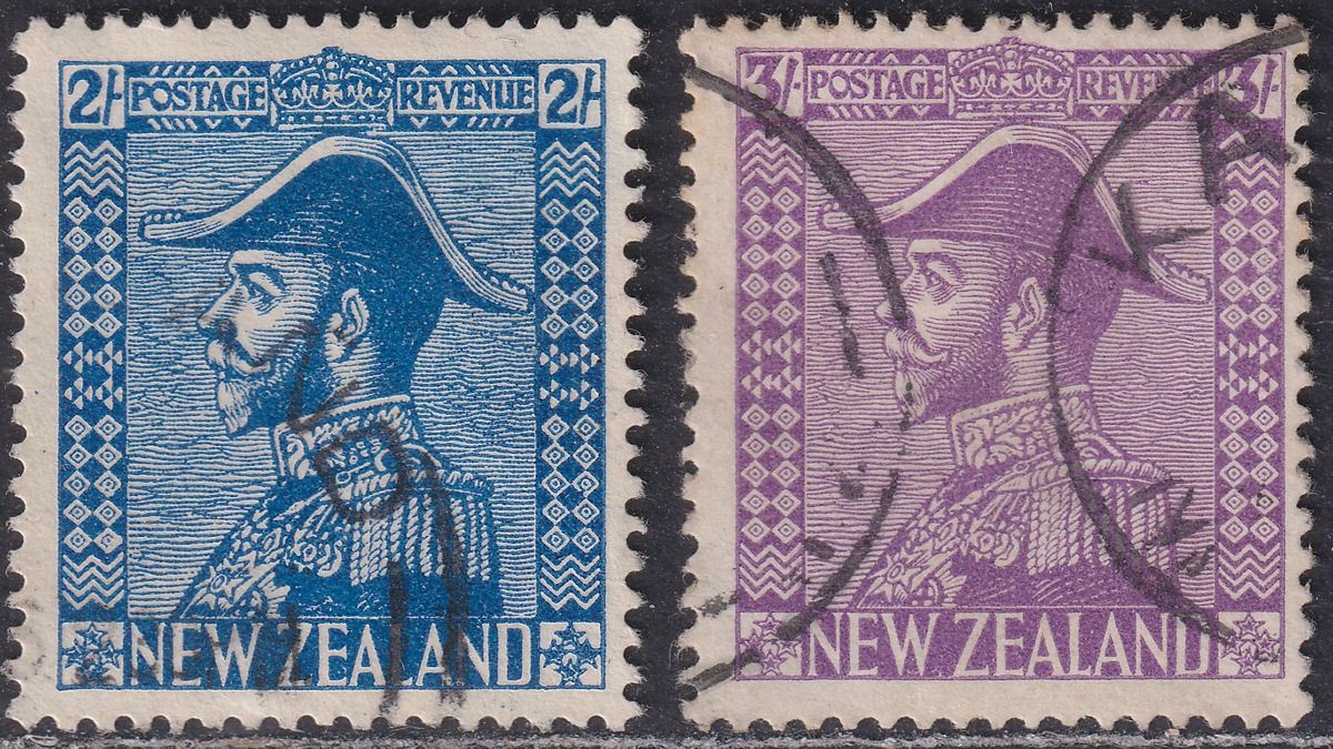New Zealand 1927 KGV Admiral 2sh Lt Blue, 3sh Pale Mauve Used SG469-470? cat£230