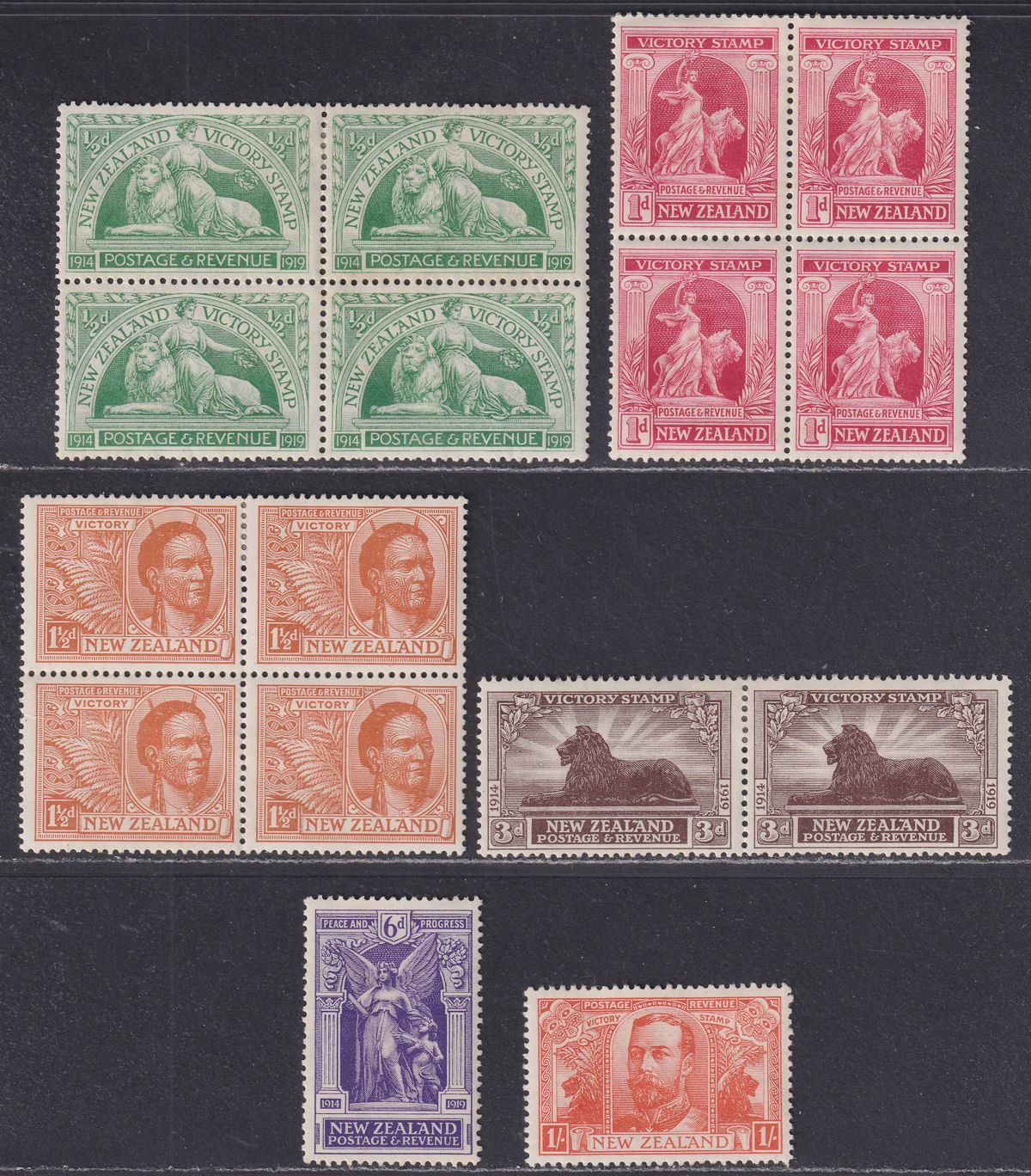 New Zealand 1920 KGV Victory Set incl Blocks Mint SG453-458 cat £70 toning on ½d