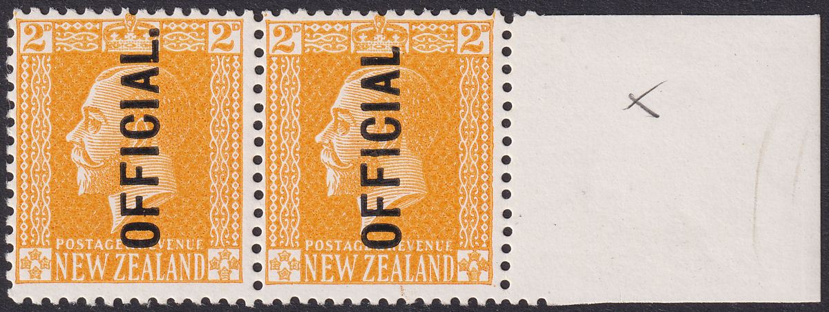 New Zealand 1931 KGV Official 2d Yellow Pair No Stop Variety Mint SG O98a c£115