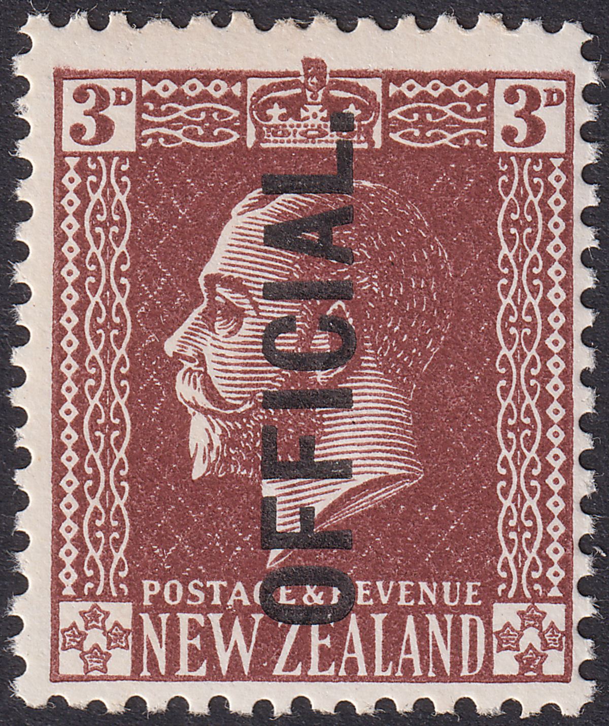 New Zealand 1930 KGV Official Overprint 3d Chocolate p14 Mint SG O99b cat £110