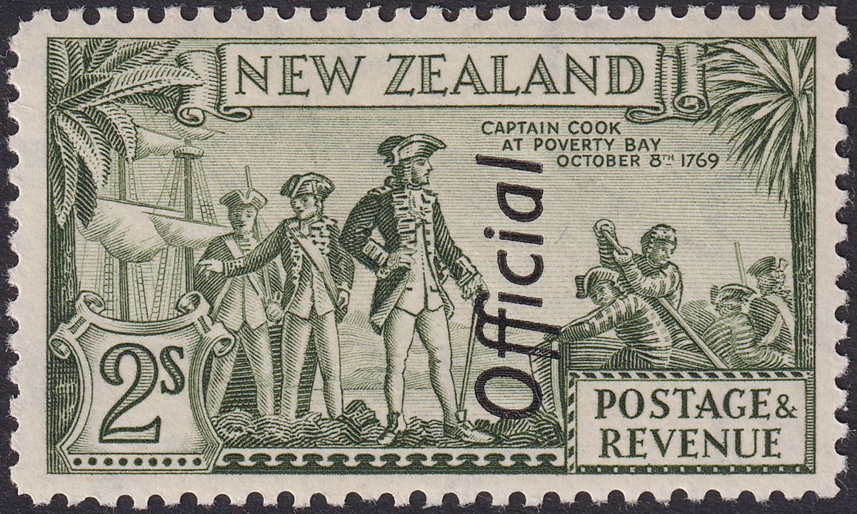 New Zealand 1942 KGVI Official Opt Cook 2sh Olive-Green p12½ Mint SG O132c c£80