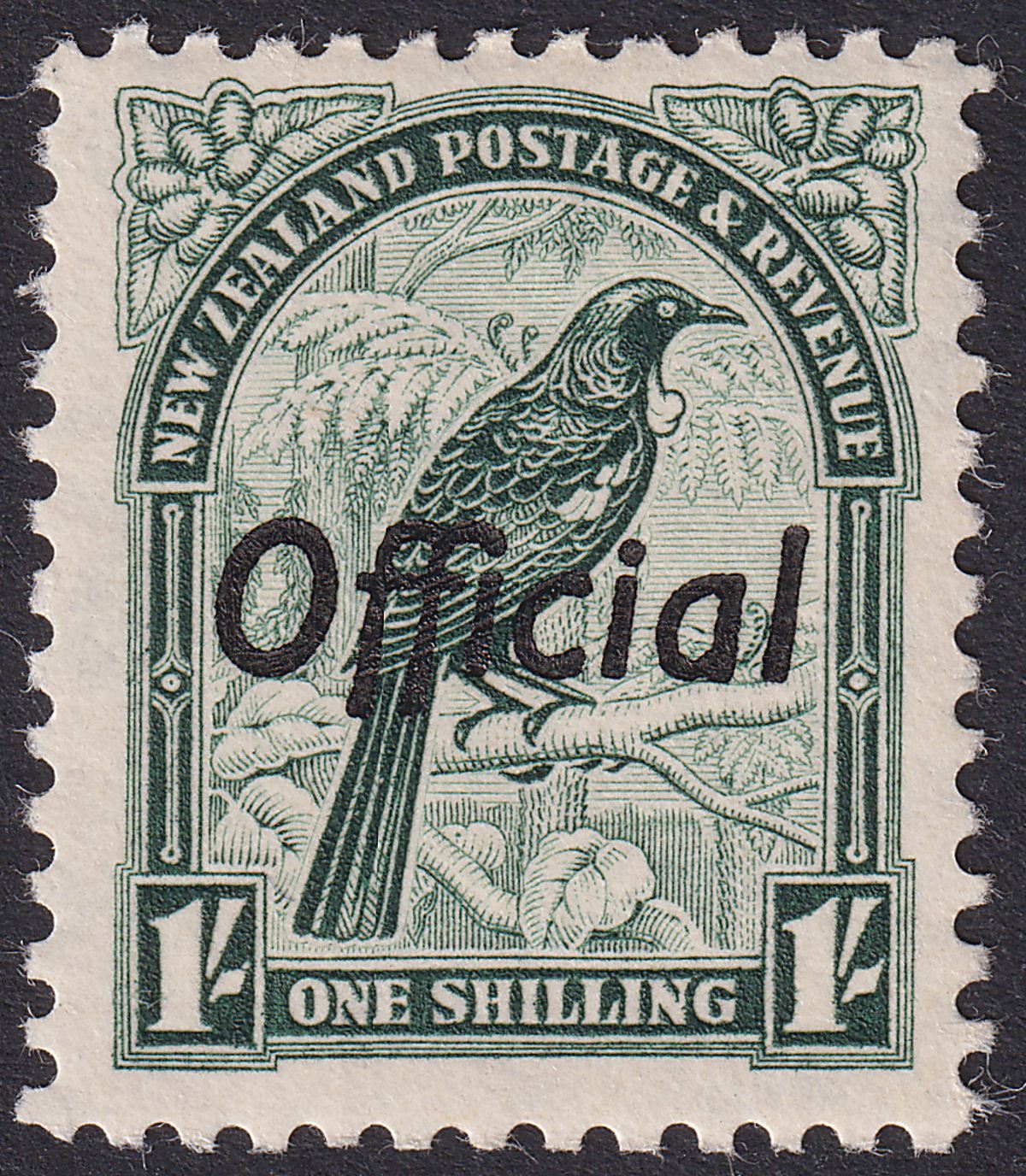 New Zealand 1937 KGVI Official Overprint Bird 1sh Green p12½ Mint SG O131b c£30