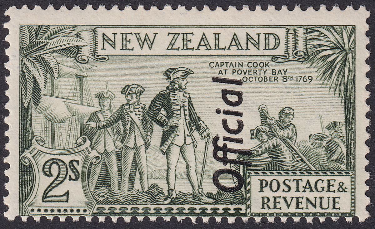 New Zealand 1944 KGVI Official Opt Cook 2sh Ol-Green p14x13½ Mint SG O132d c£65
