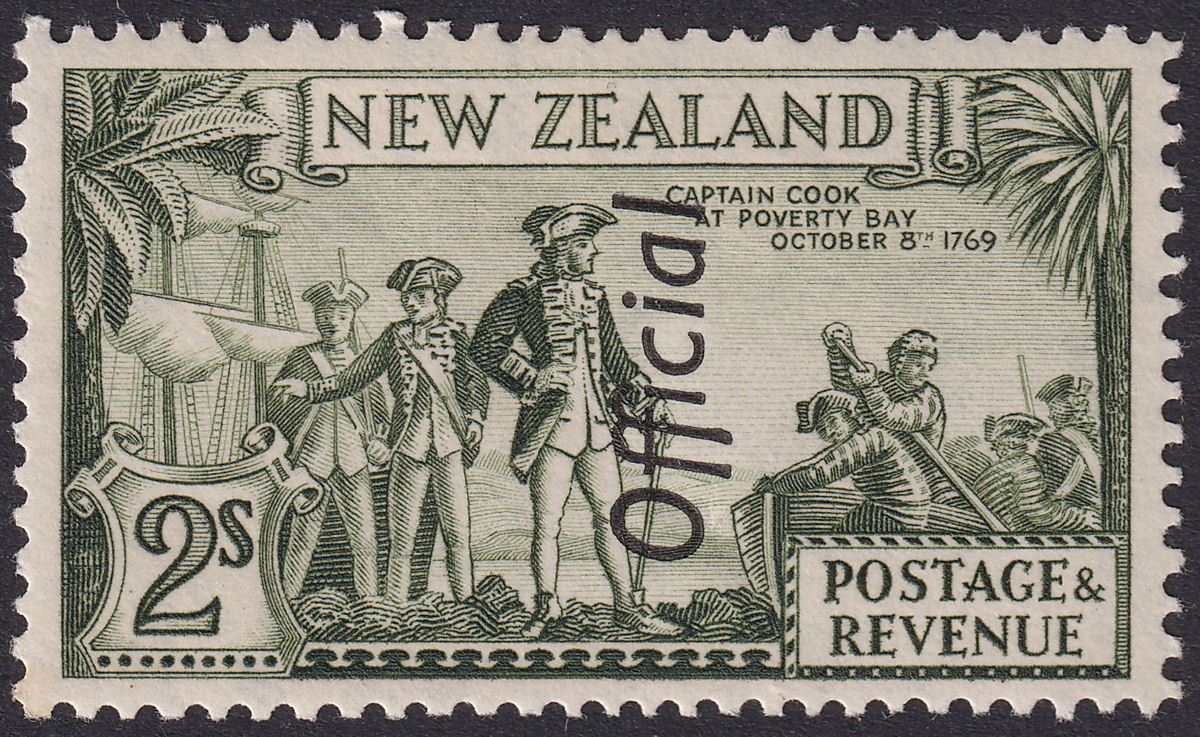 New Zealand 1937 KGVI Official Opt Cook 2sh Ol-Grn p13-14x13½ Mint SG O132 c£120