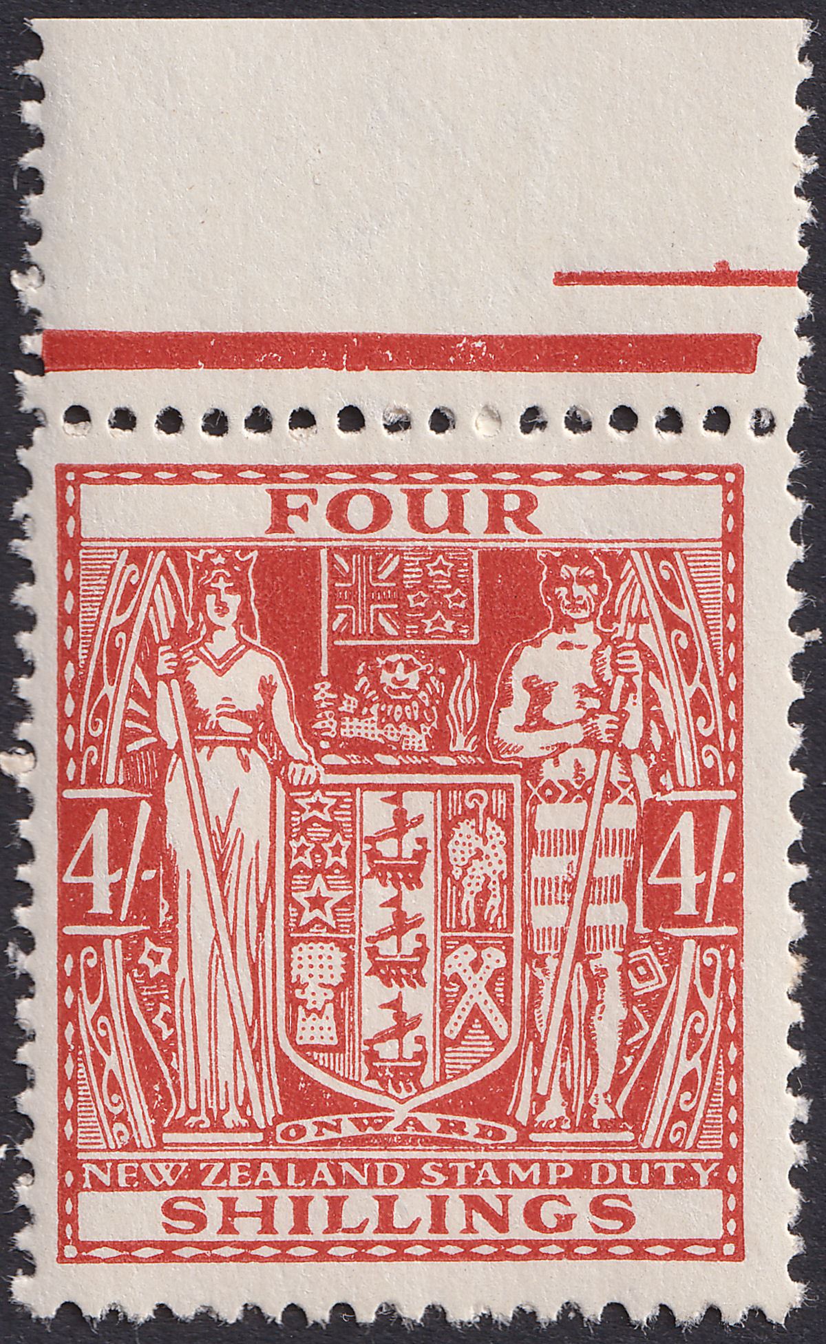 New Zealand 1949 KGVI Postal Fiscal 4sh Red-Brn wmk Multi Inv Mint SG F194w c£50