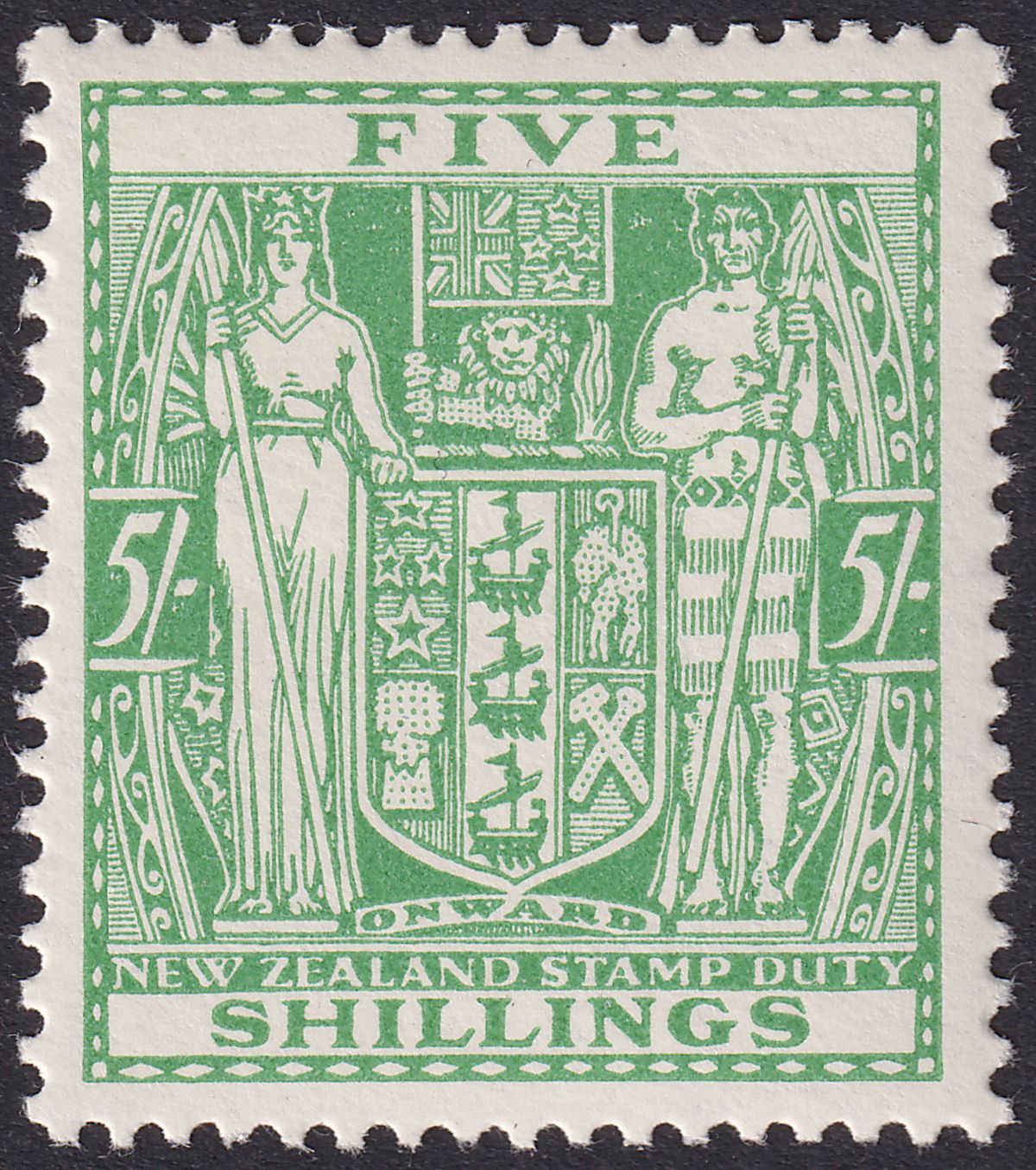 New Zealand 1931 KGV Postal Fiscal 5sh Green Cowan wmk Single Mint SG F149 c£45