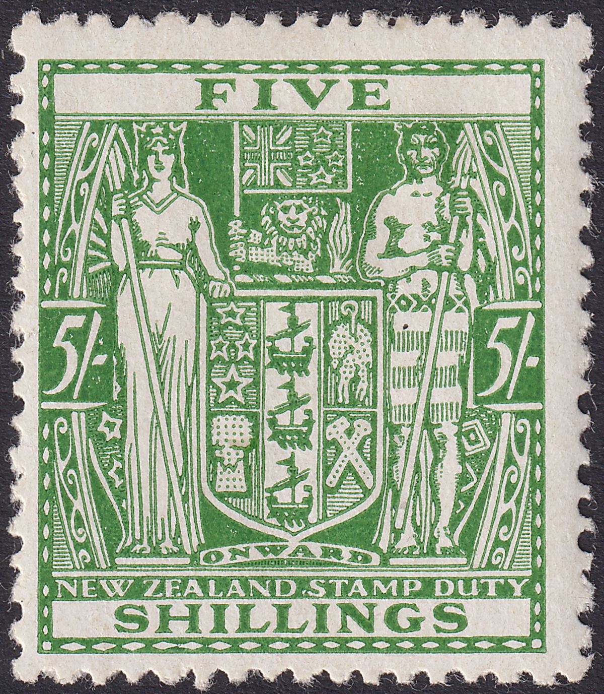New Zealand 1940 KGVI Postal Fiscal 5sh Green wmk Multi Up Mint SG F195 cat £30