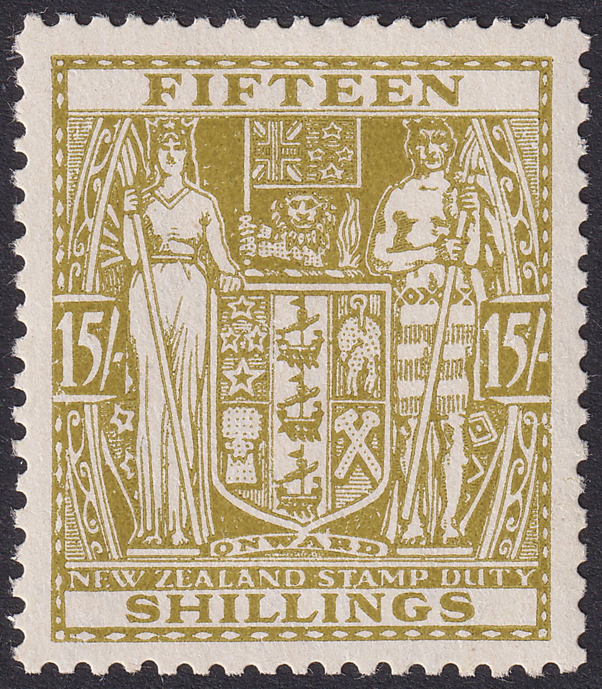 New Zealand 1940 KGVI Postal Fiscal 15sh Sage-Green wmk Up Mint SG F202 cat £130