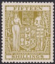 Click for more photos and details New Zealand 1940 KGVI Postal Fiscal 15sh Sage-Green wmk Up Mint SG F202 cat £130