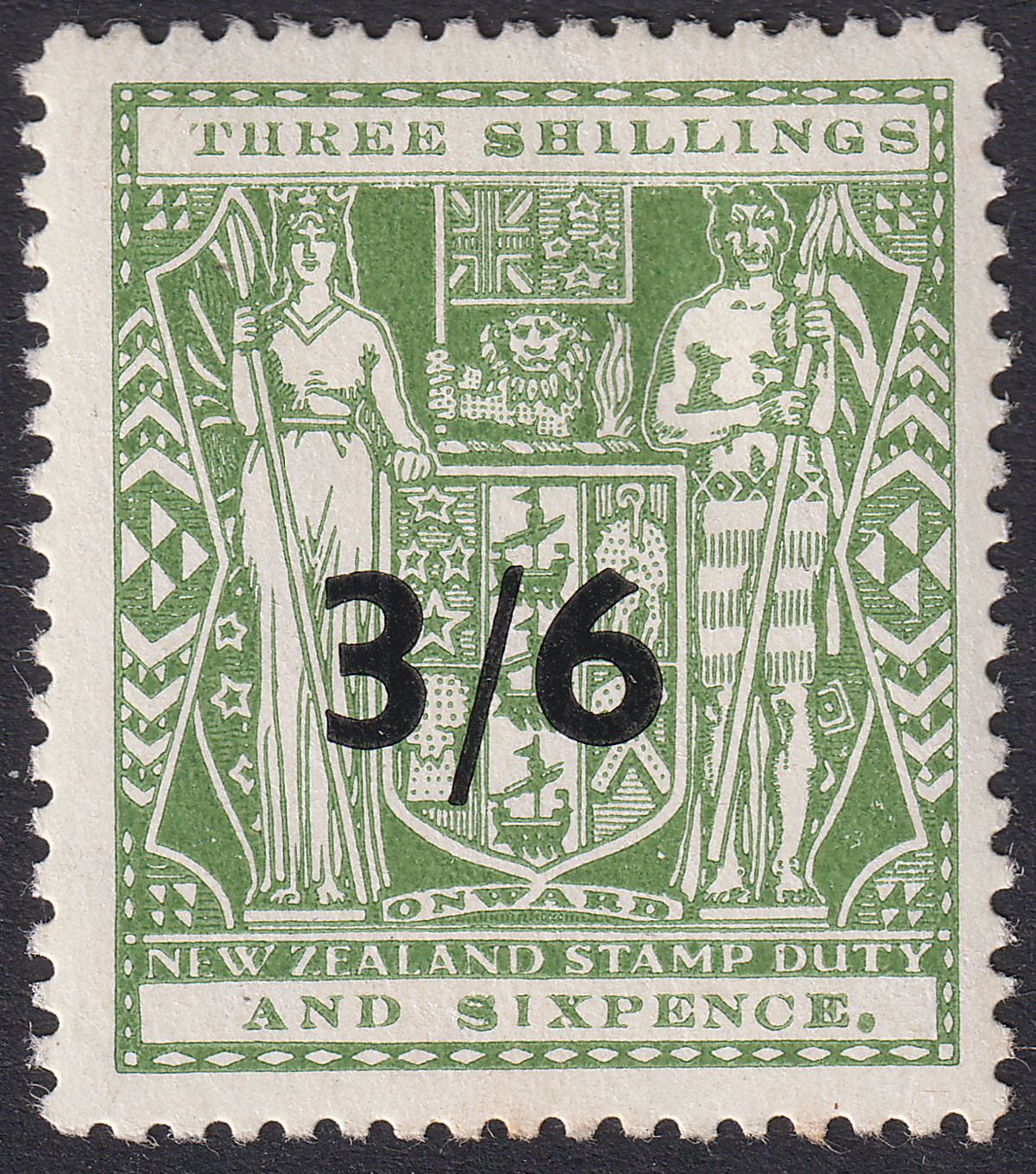 New Zealand 1942 KGVI Postal Fiscal 3sh6d Opt Green T1 wmk Multi Up Mint SG F212