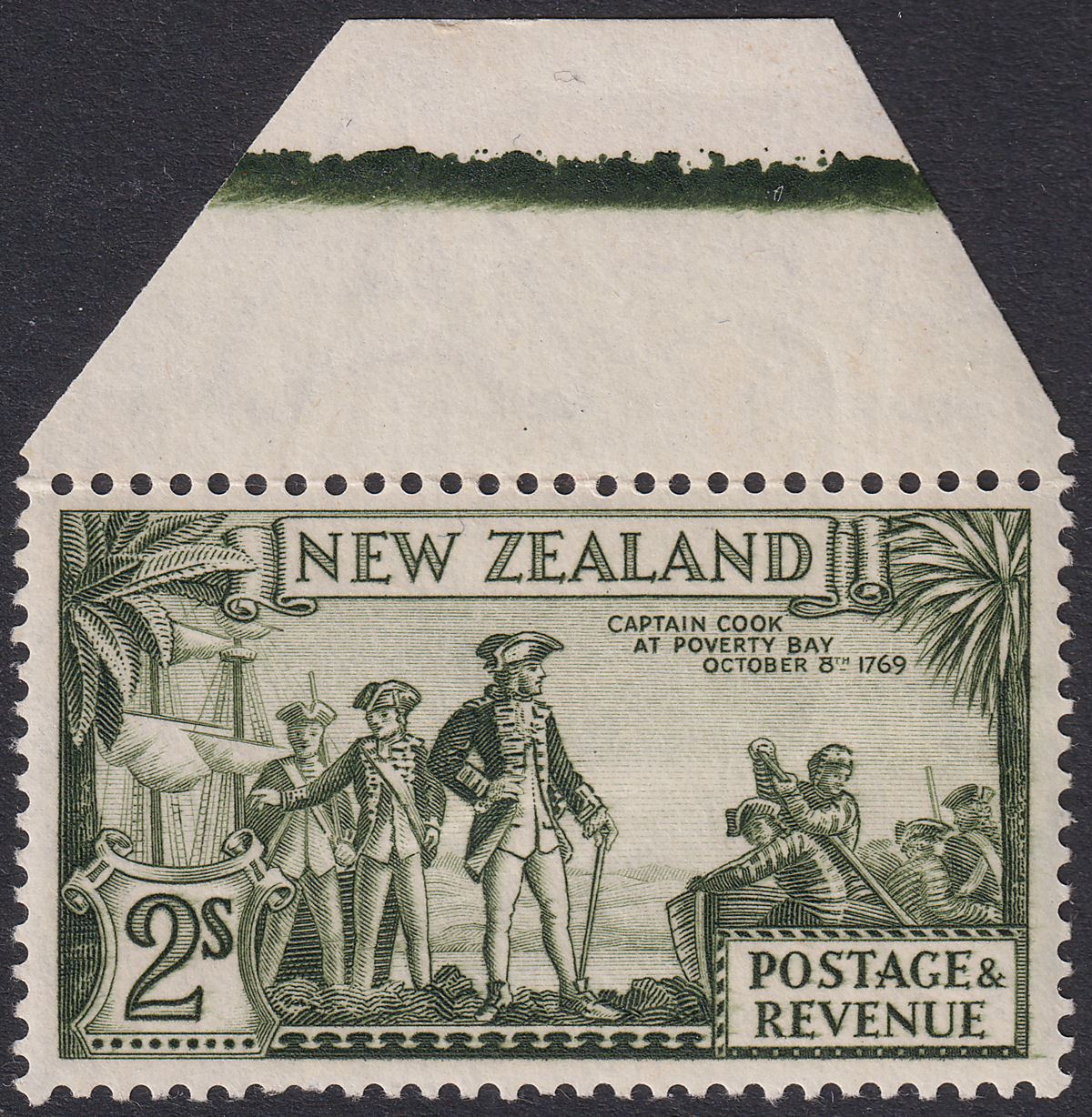 New Zealand 1935 KGV Captain Cook 2sh Olive-Green p13½x14 Mint SG568c cat £65