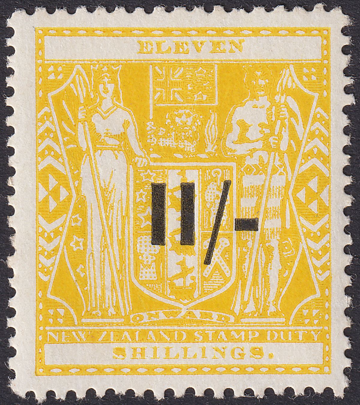New Zealand 1942 KGVI Postal Fiscal 11sh Opt Yellow wmk Multi Mint SG F215 c£180