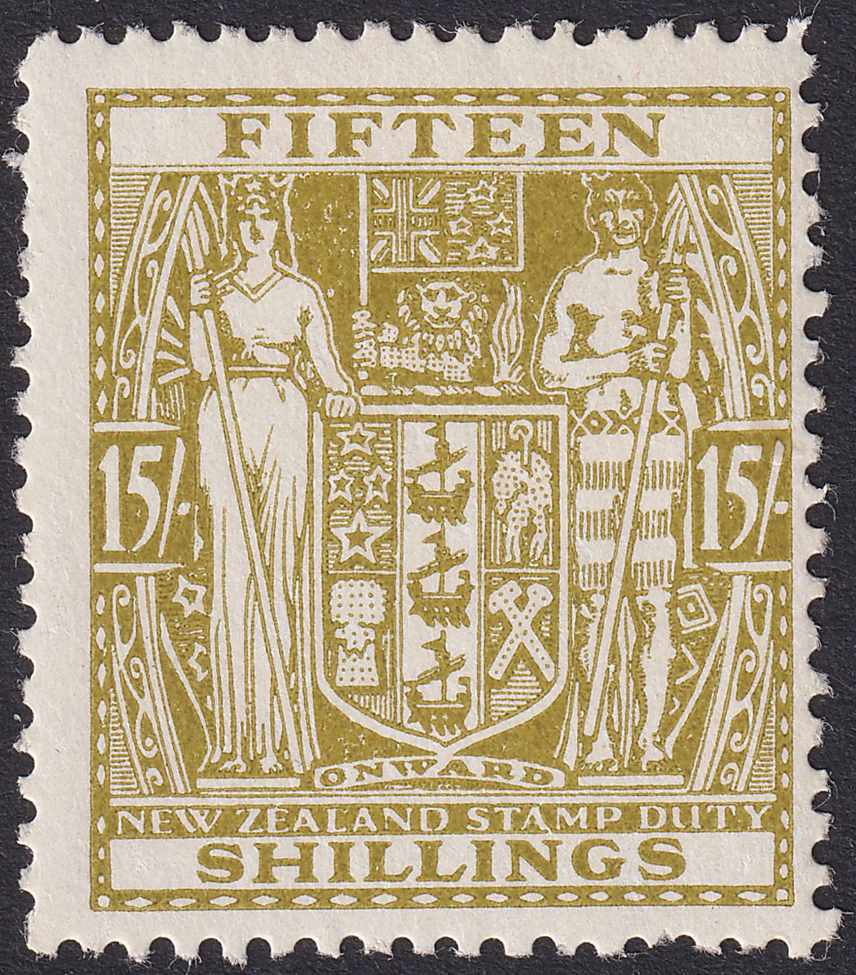 New Zealand 1950 KGVI Postal Fiscal 15sh Sage-Grn Multi Inv Mint SG F202w c£130