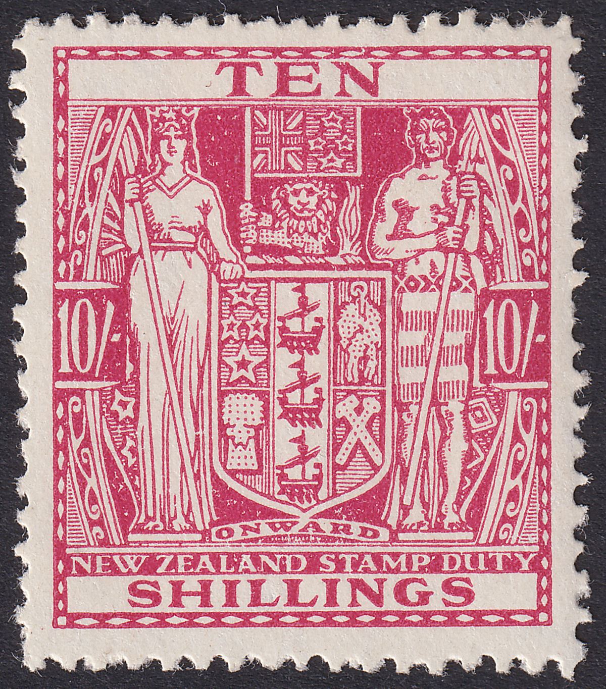 New Zealand 1950 KGVI Postal Fiscal 10sh Carm-Lake wmk Multi Invt Mint SG F201w