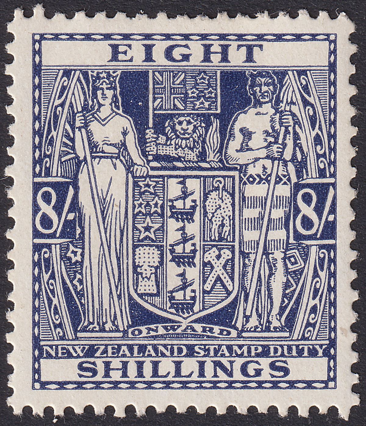 New Zealand 1950 KGVI Postal Fiscal 8sh wmk Multi Invert Mint SG F199w THINNED