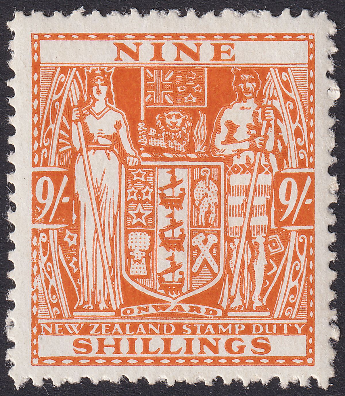 New Zealand 1946 KGVI Postal Fiscal 9sh B-Orange wmk Multi Up Mint SG F200 c£100