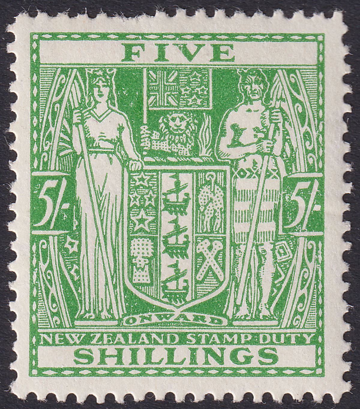 New Zealand 1950 KGVI Postal Fiscal 5sh Green wmk Multi Invert Mint SG F195w FLT