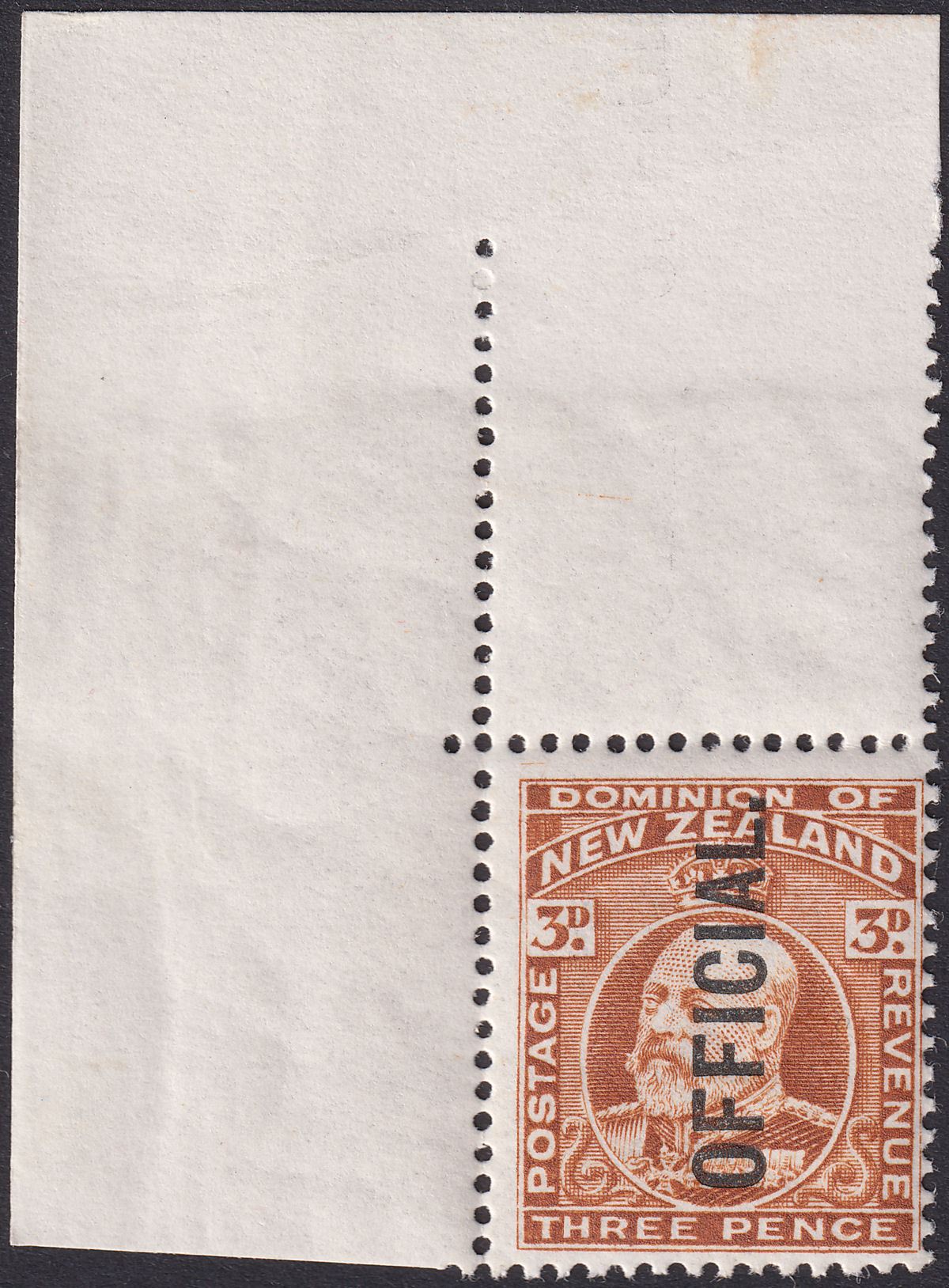 New Zealand 1910 KEVII Official Overprint 3d Chestnut Corner Margin Mint SG O74