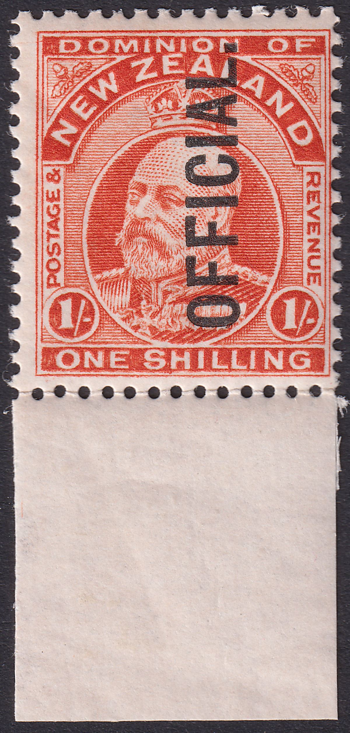 New Zealand 1910 KEVII Official Overprint 1sh Vermilion Mint SG O77 cat £85