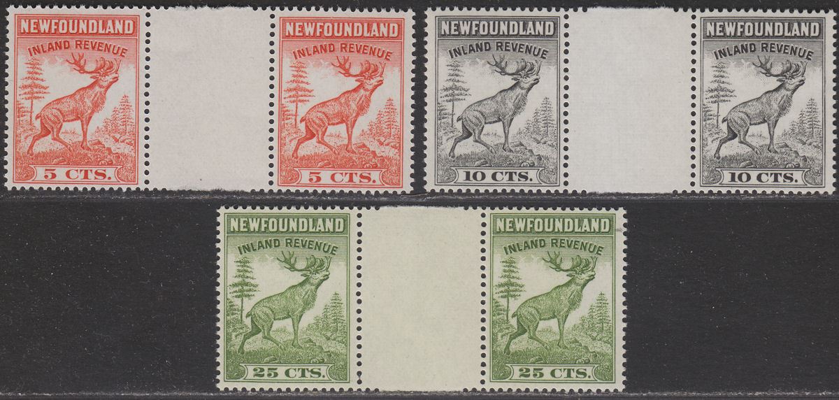 Newfoundland 1938 KGVI Revenue 5c, 10c, 25c Gutter Pairs UM Mint Canada