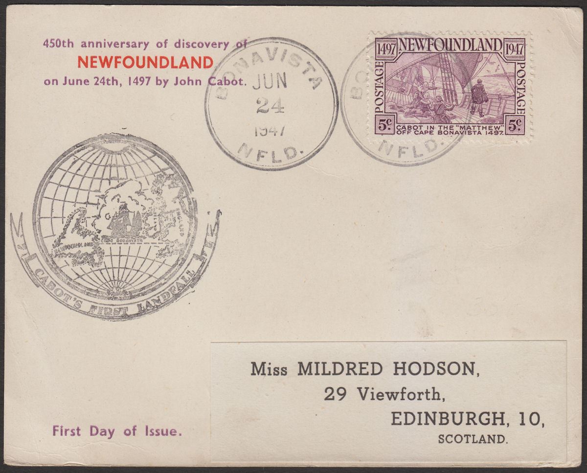 Newfoundland 1947 KGVI Anniv Cabot's First Landfall 5c First Day Postcard Used