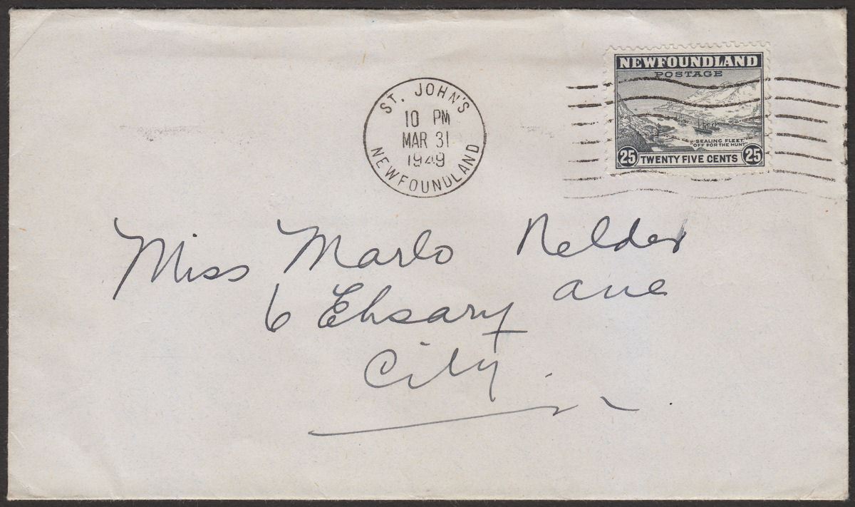 Newfoundland 1949 KGVI Sailing Fleet 25c Slate Used on Last Day Cover SG288