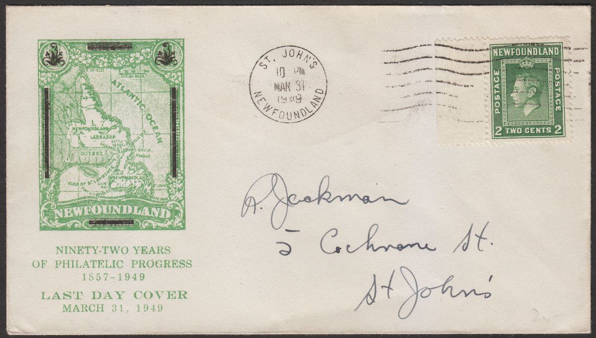 Newfoundland 1949 KGVI 2c Used on Commemorative Last Day Cover