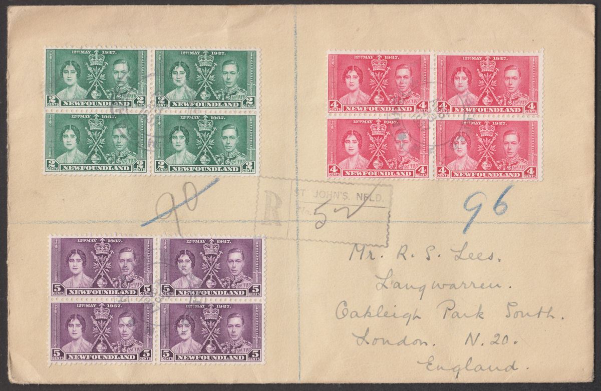 Newfoundland 1937 KGVI Coronation Block Set Used on Registered Cover to England