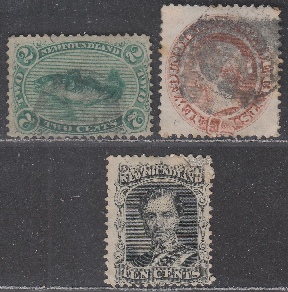 Newfoundland 1865 QV 2c Yellowish Green, 5c Brown, 10c Black Used SG25-27 faults