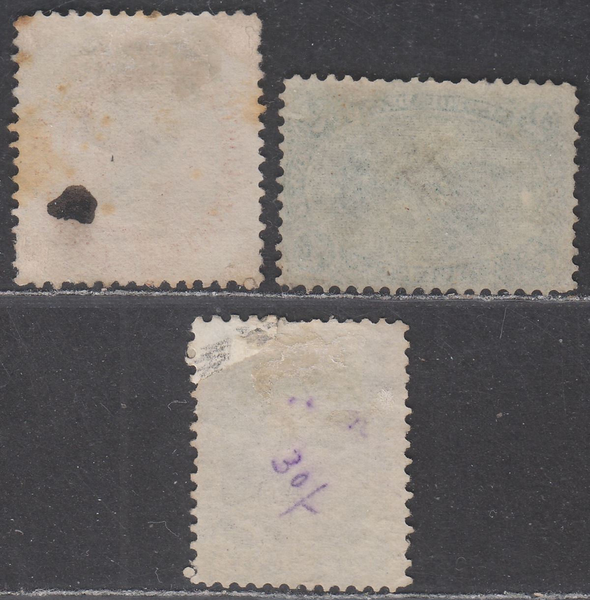 Newfoundland 1865 QV 2c Yellowish Green, 5c Brown, 10c Black Used SG25-27 faults