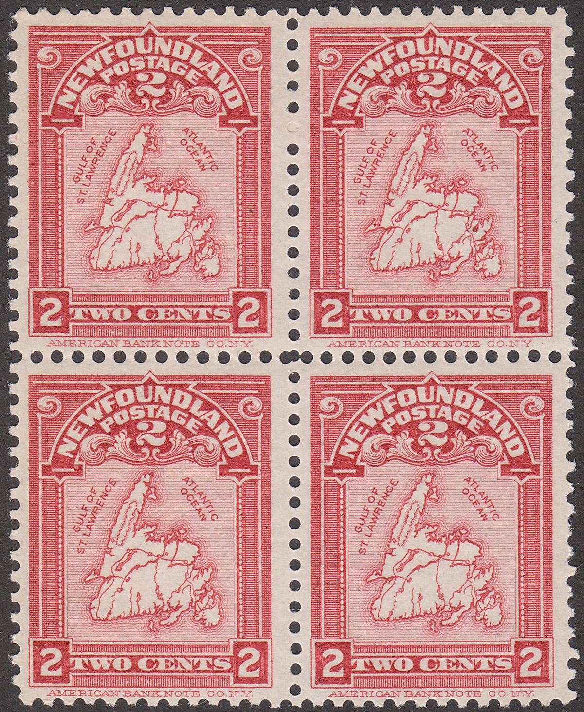 Newfoundland 1908 KEVII Map 2c Lake Block of 4 Mint SG94 cat £152