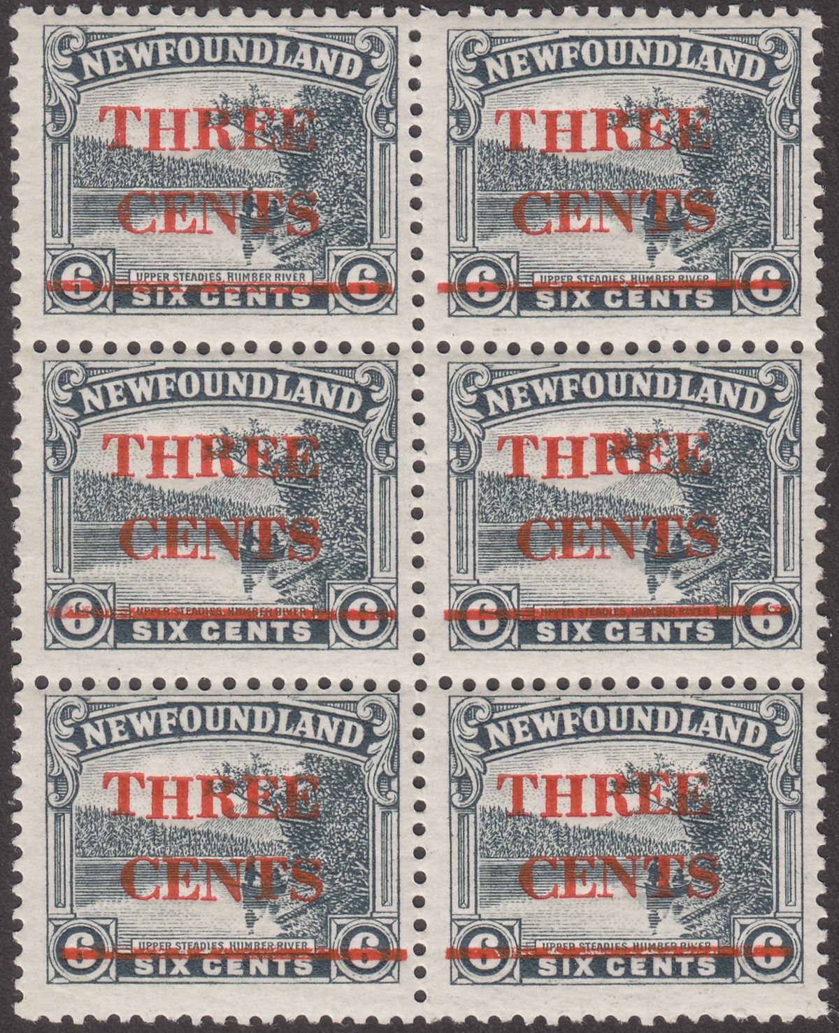 Newfoundland 1929 KGV 3c Surcharge on 6c Slate Block of 6 Mint SG188 cat £30