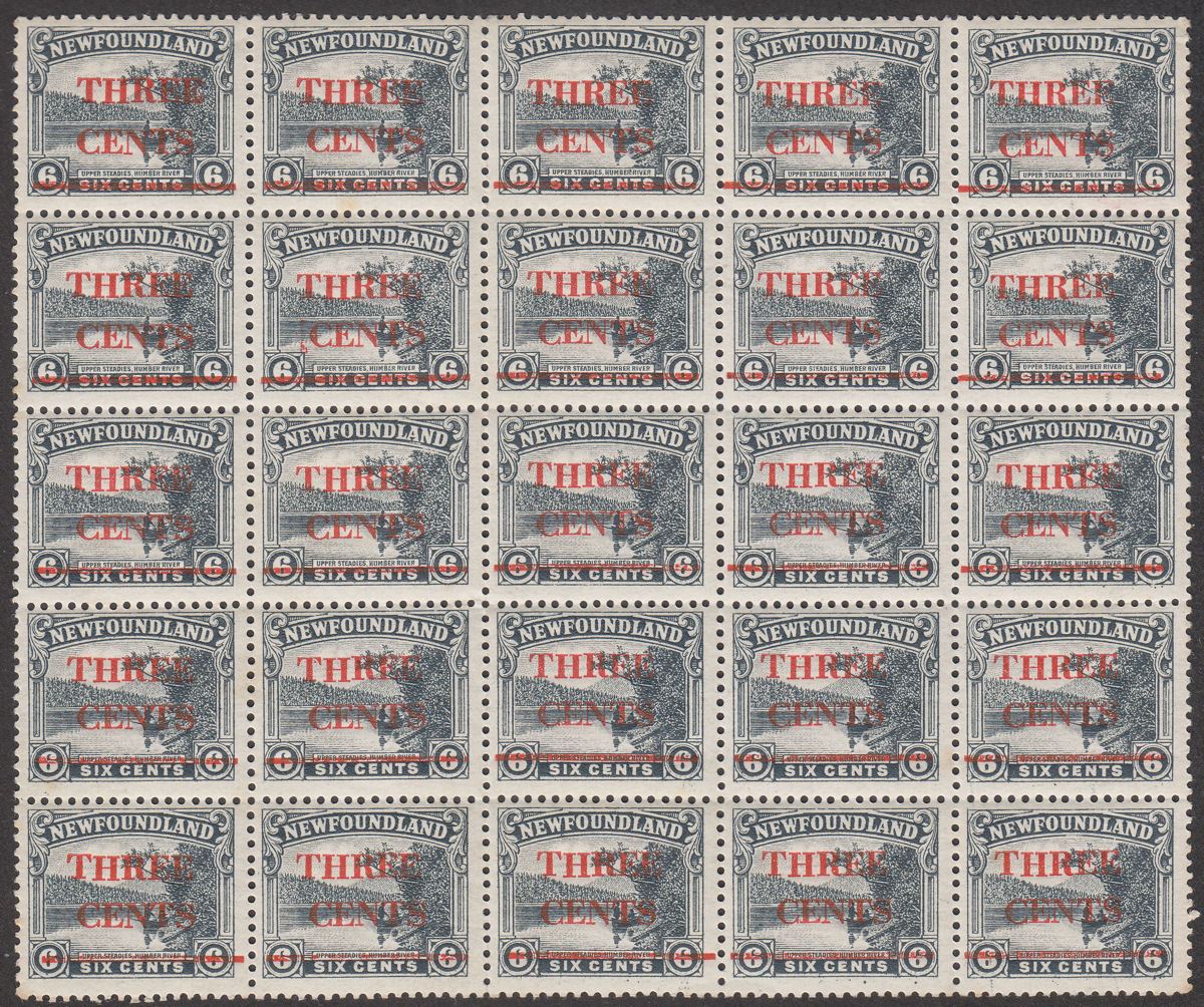 Newfoundland 1929 KGV 3c Surcharge on 6c Slate Block of 25 Mint SG188 cat £125